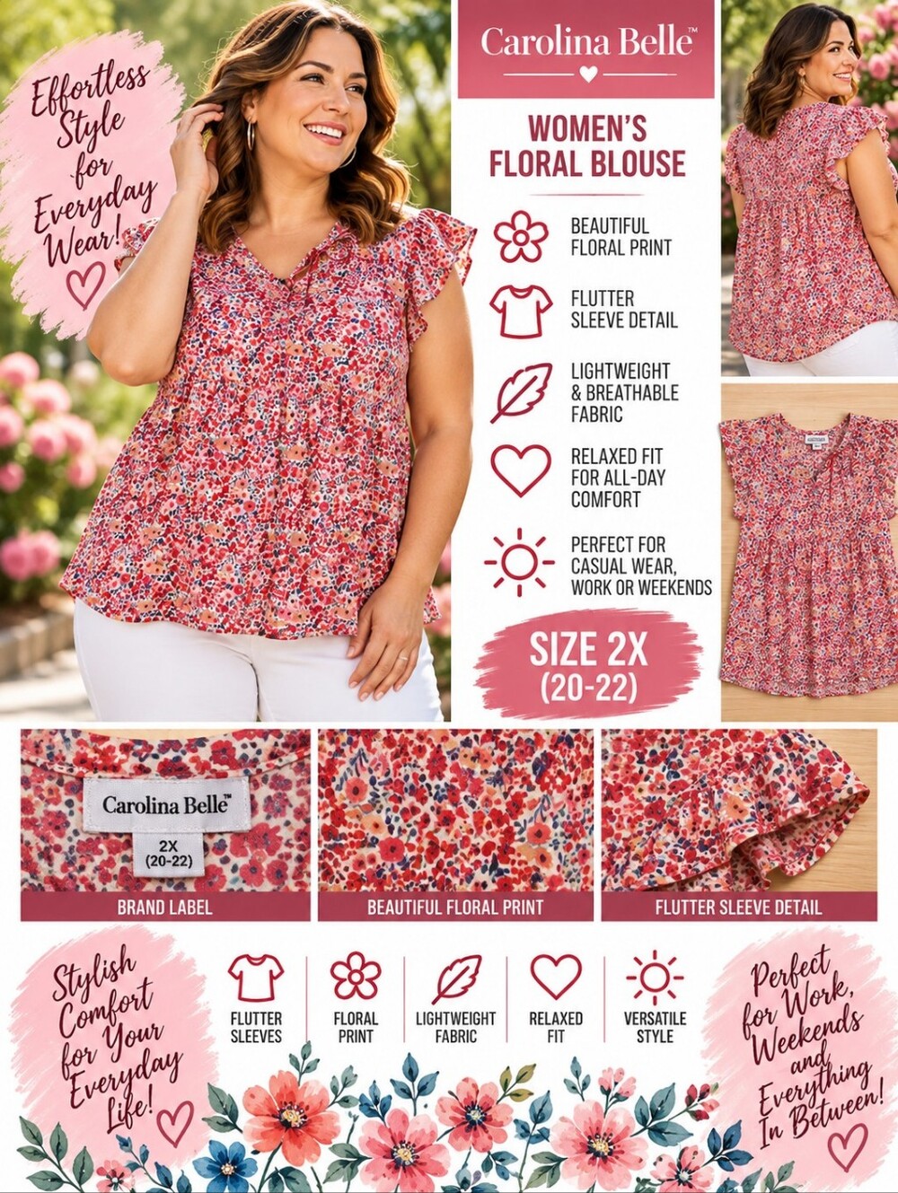 Carolina belle women's 2X red floral blouse #35